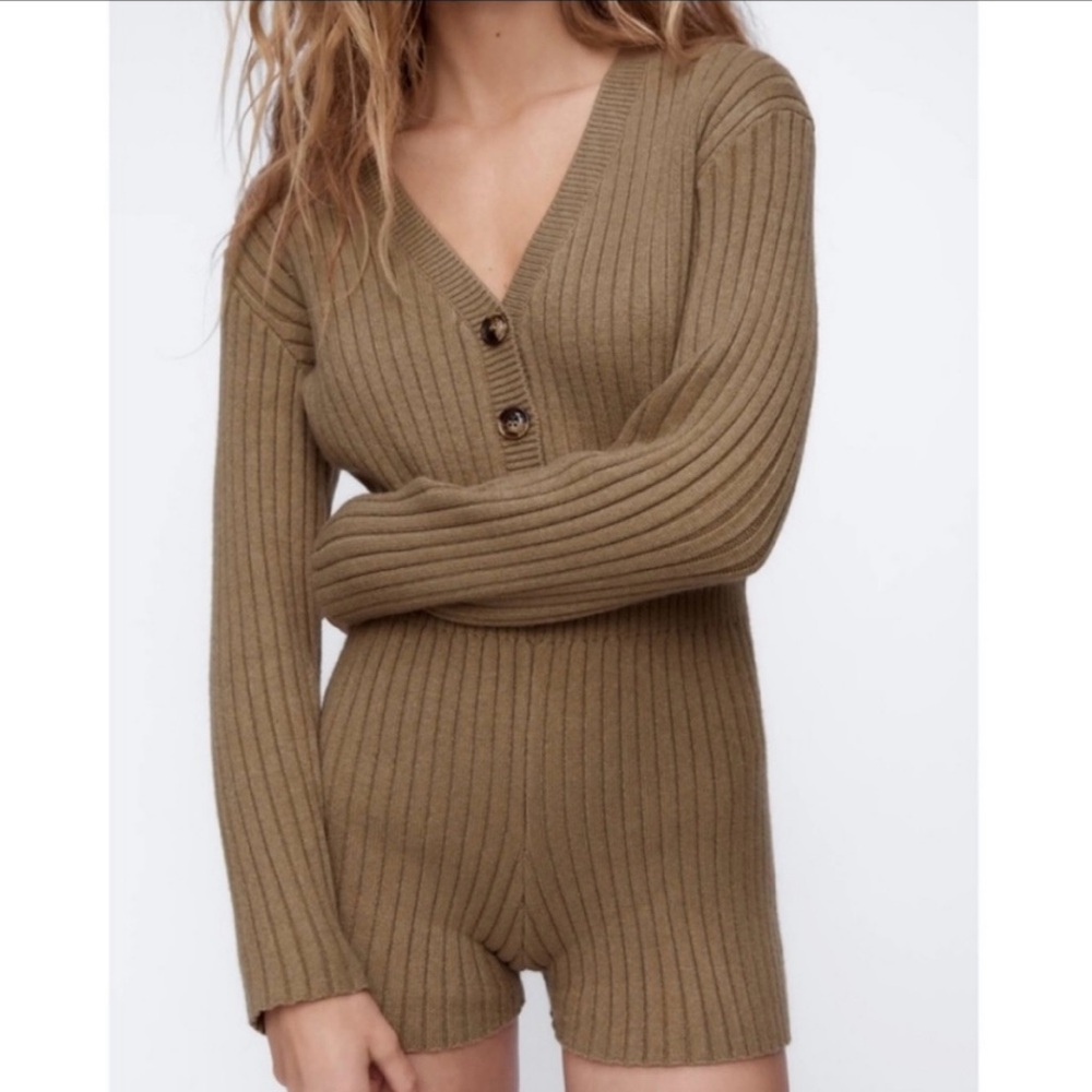 Zara Tan Ribbed Knit Jumpsuit